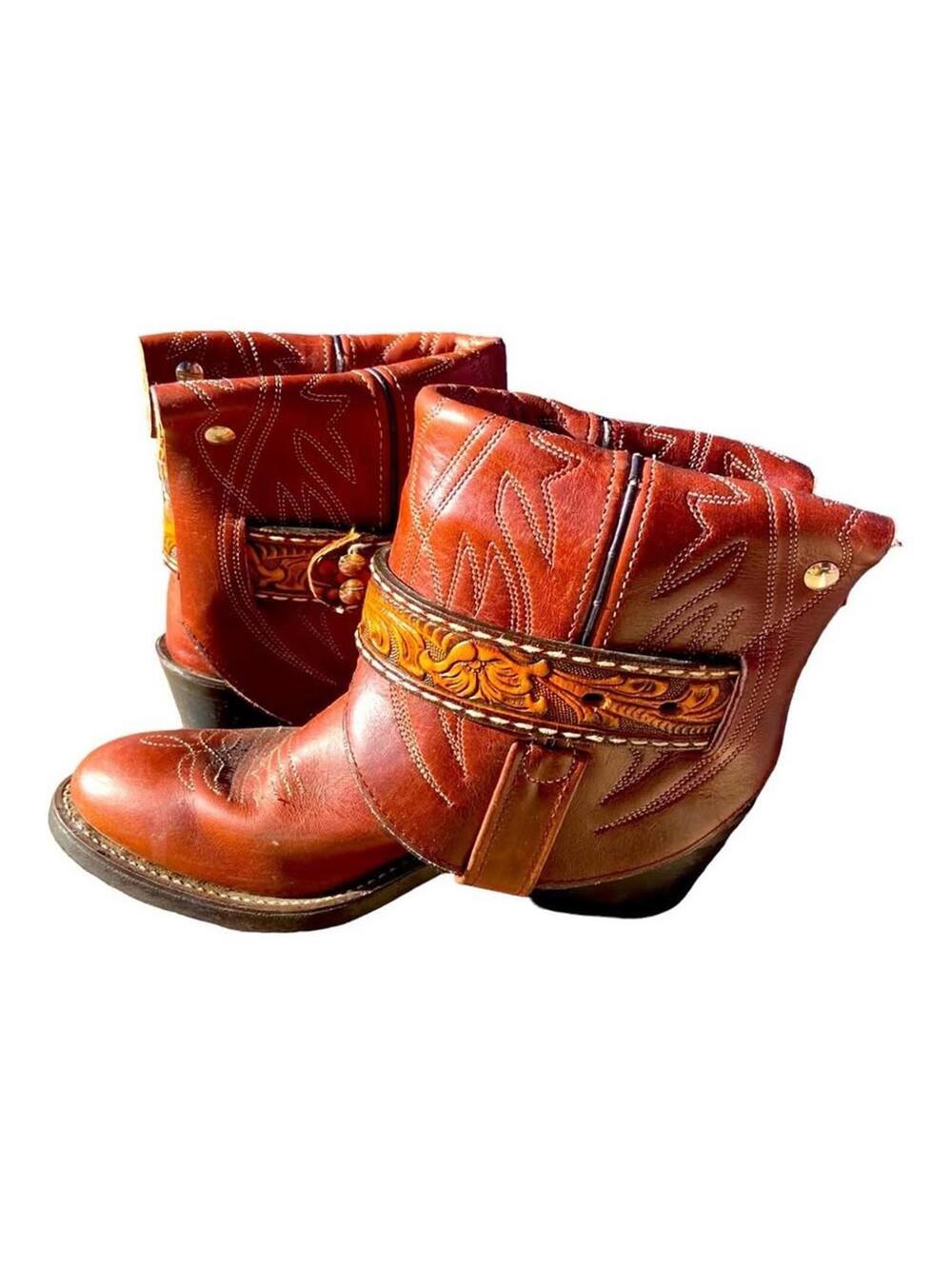 Upcycled Double H Brown Leather Cowgirl Boho Ankle Boots Spats – Size 6